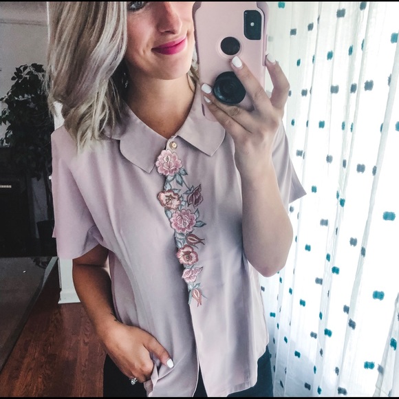 Pink Floral Short Sleeve Shoulder Pad Blouse M - Picture 3 of 6